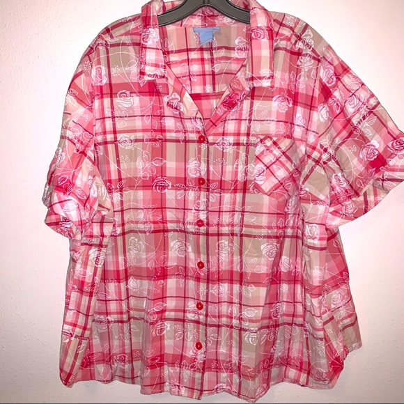 Liz and Me 3X 26/28 Button Down Cotton Plaid Floral Print Shirt - Picture 10 of 10